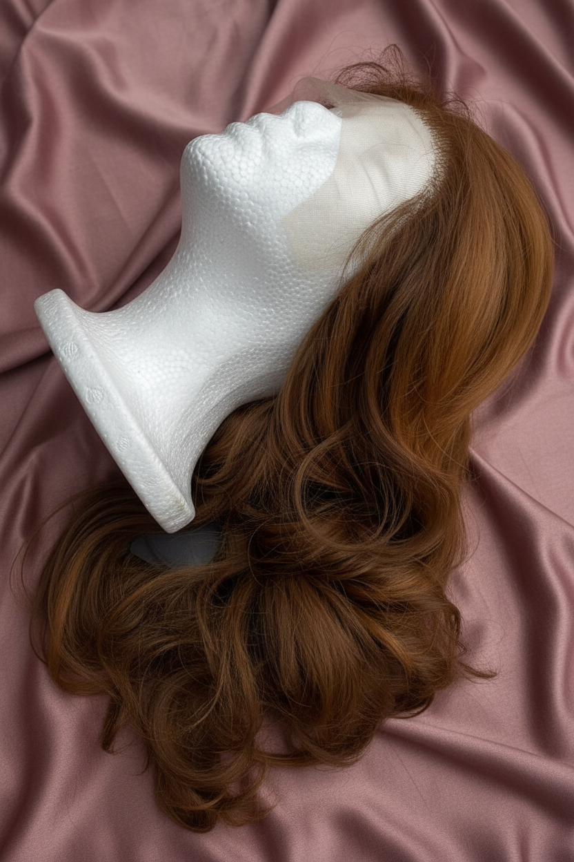 Auburn Wavy Wig — Lush Pink Mauve Background
