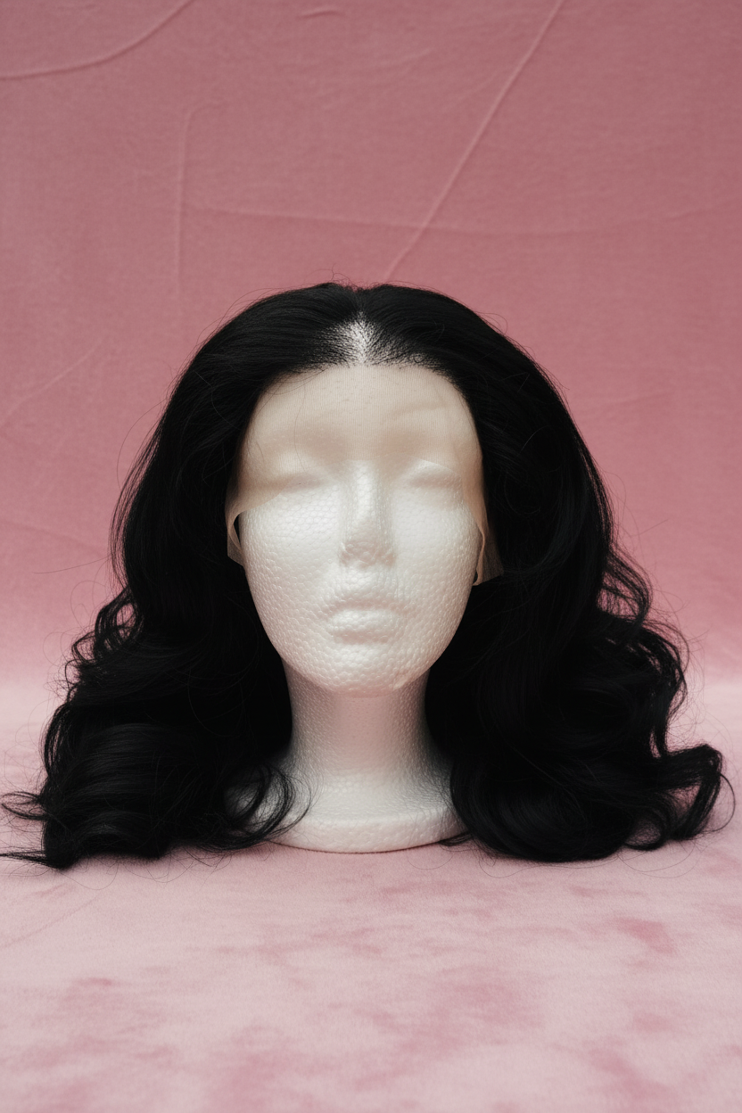 Black Wavy Wig — Enhanced Pink Mauve Background