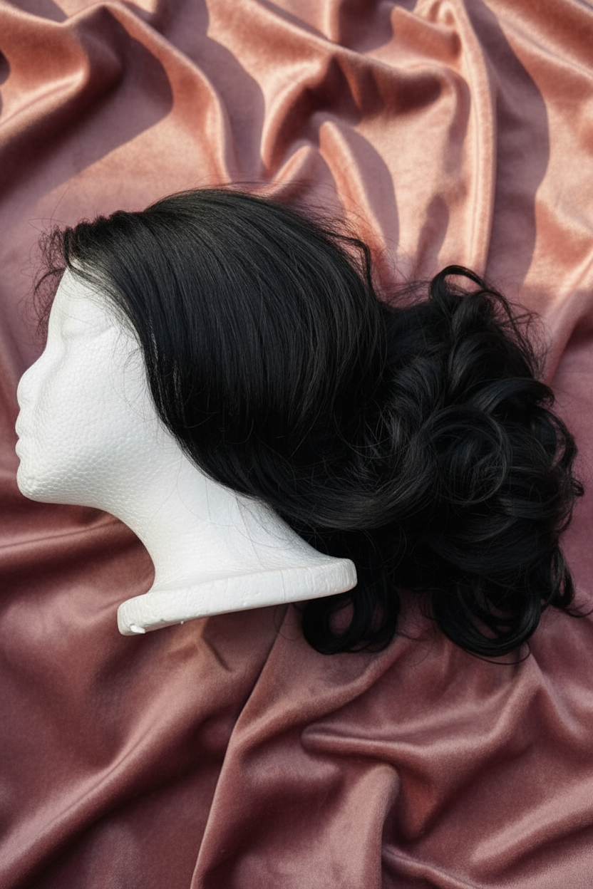 Black Wavy Wig — Lush Pink Mauve Background